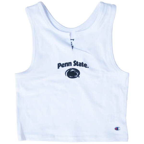 women's white v-notch cropped tank with navy Penn State arched above Athletic Logo